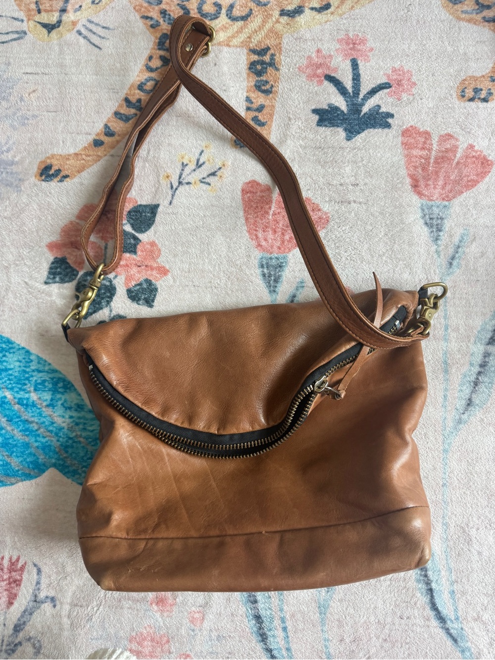 Tan Leather Crossbody Bag with Curved Zip - Women's Everyday Shoulder Bag